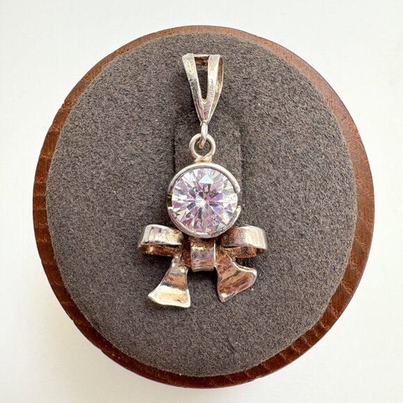 VTG Sterling Silver 925 Cubic Zirconia Bezel Set Bow Pendant Size 1.25" Length - Picture 1 of 13